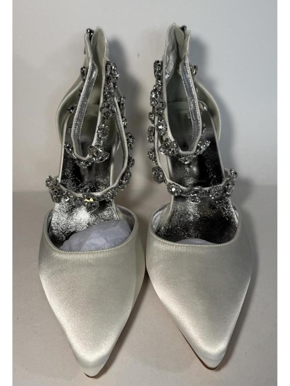 ANNA'S BRIDAL Pointed Toe Ankle Strap Satin Rhinestone Heels